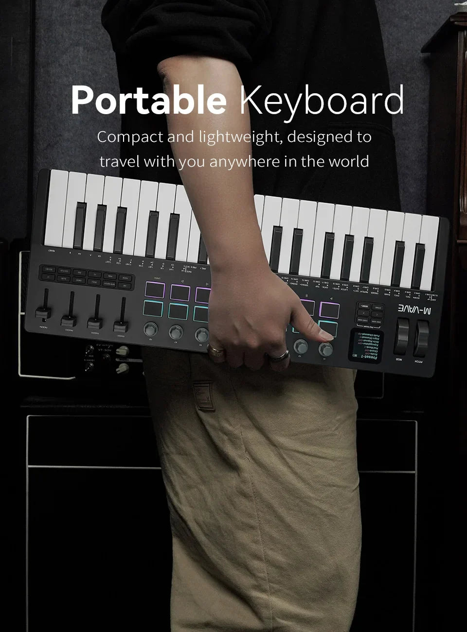 Black m-vave smk-37 pro keyboard with white black piano keys wireless bluetooth velocity-sensitive rgb pads and control knobs