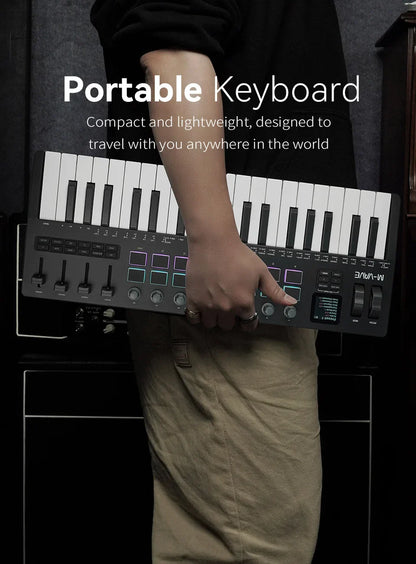 Black m-vave smk-37 pro keyboard with white black piano keys wireless bluetooth velocity-sensitive rgb pads and control knobs