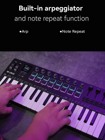 Black m-vave smk-37 pro keyboard with white and black keys illuminated rgb pads and wireless bluetooth velocity-sensitive features