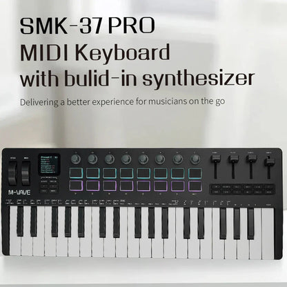 Black m-vave smk-37 pro midi keyboard with rgb pads wireless bluetooth velocity-sensitive keys and synth engine