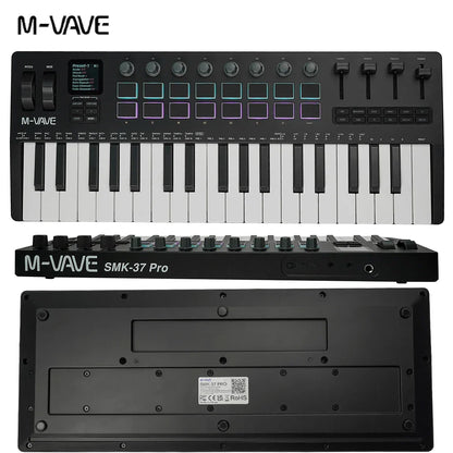 Black m-vave smk-37 pro midi keyboard with full-sized keys 16 rgb pads and wireless bluetooth velocity-sensitive controls