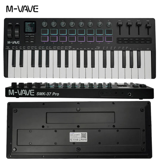 Black m-vave smk-37 pro midi keyboard with full-sized keys 16 rgb pads and wireless bluetooth velocity-sensitive controls