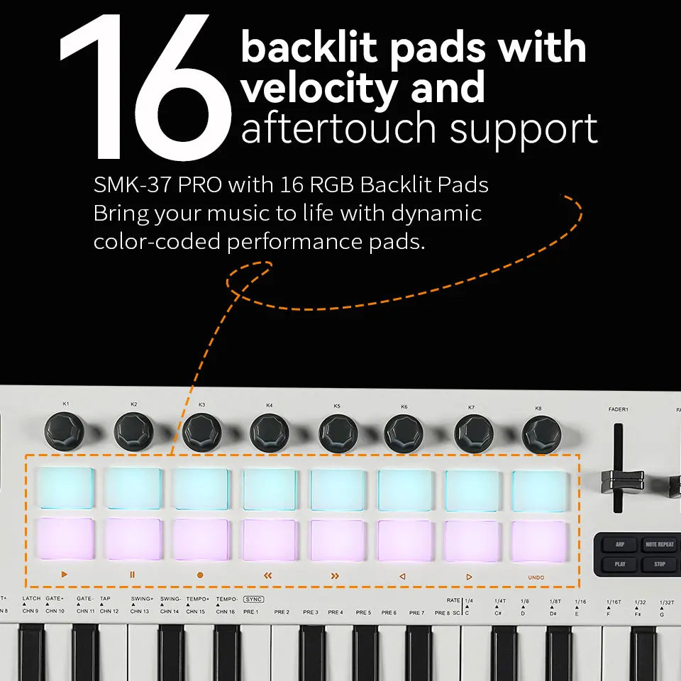 M-VAVE SMK-37 Pro midi keyboard with 37 keys 16 RGB backlit drum pads and wireless connection support