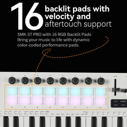 M-VAVE SMK-37 Pro midi keyboard with 37 keys 16 RGB backlit drum pads and wireless connection support