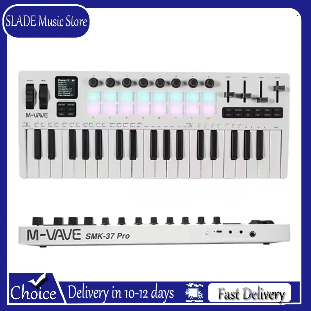 White m-vave smk-37 pro midi keyboard with black keys and illuminated key rgb drum pads sound for versatile music production