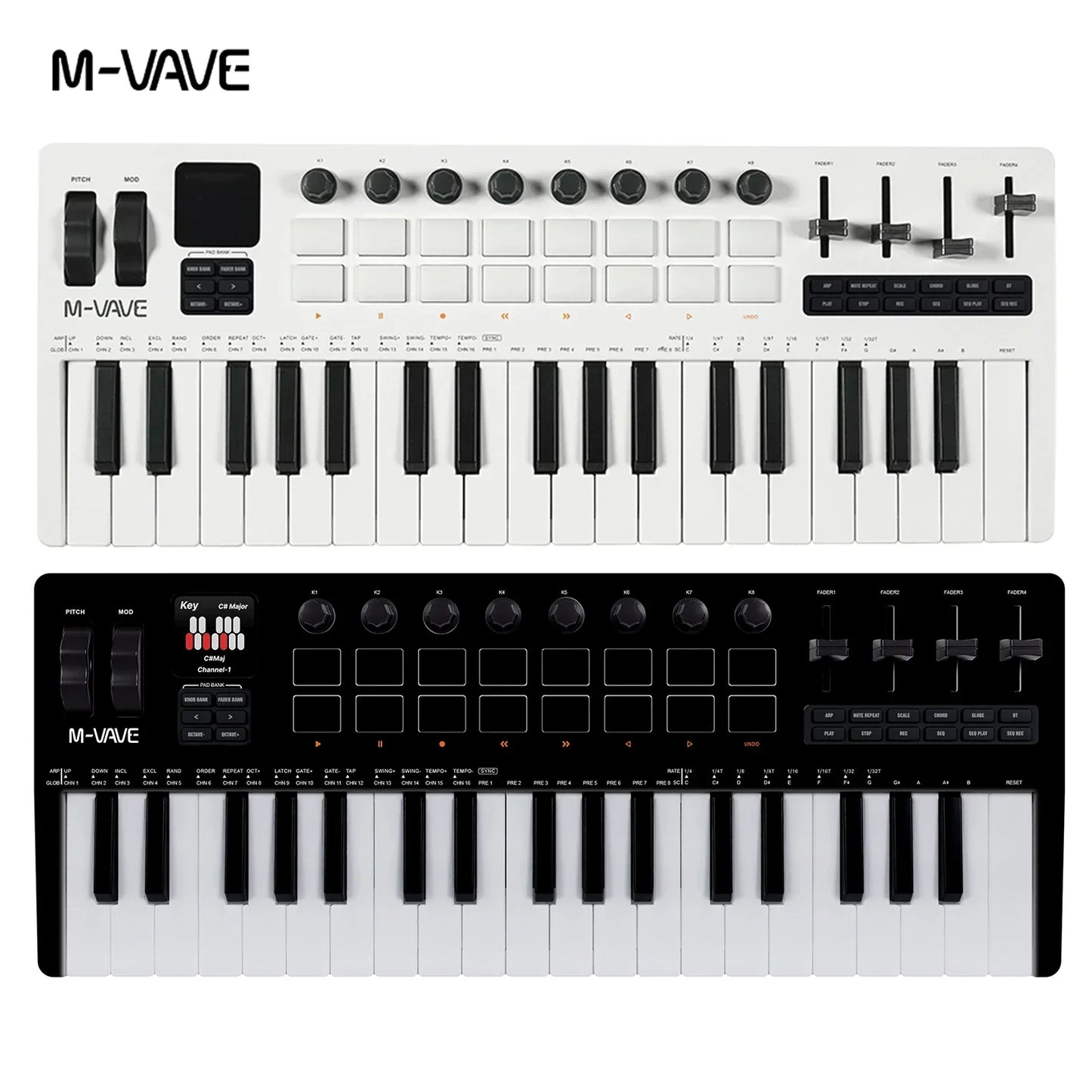 White and black m-vave smk-37 pro midi keyboard with 37 keys drum pads sound and rgb key keyboard supports wireless use