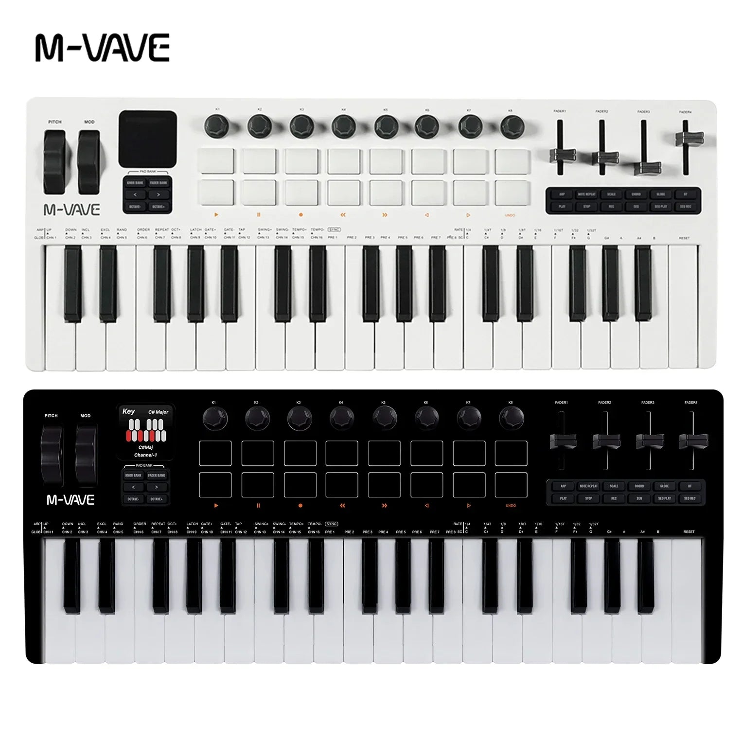 White and black m-vave smk-37 pro midi keyboard with 37 keys drum pads sound and rgb key keyboard supports wireless use
