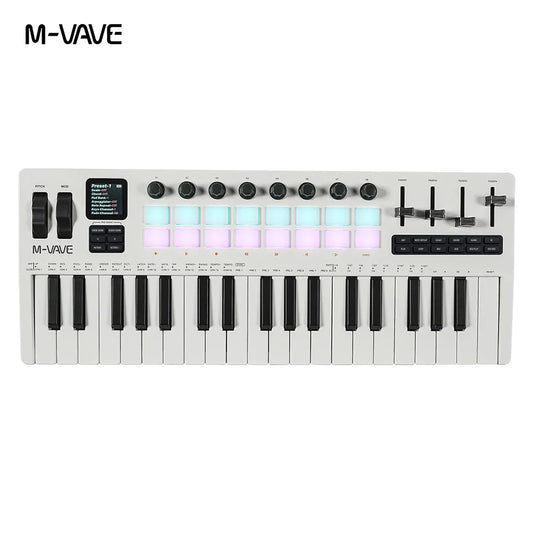 White m-vave pro midi keyboard with 37 keys, rgb keybed, drum pads sound, multiple knobs, and sliders in white finish