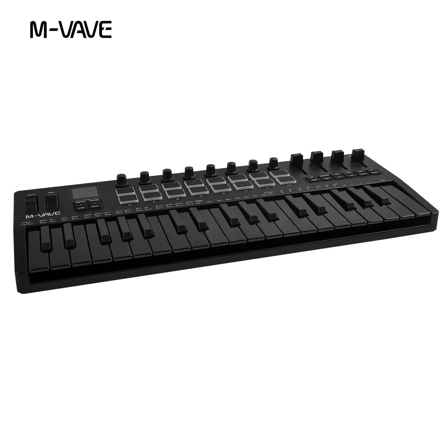 Black m-vave smk-37 pro pro midi keyboard with 25 keys, knobs, buttons, and source wireless compatible features