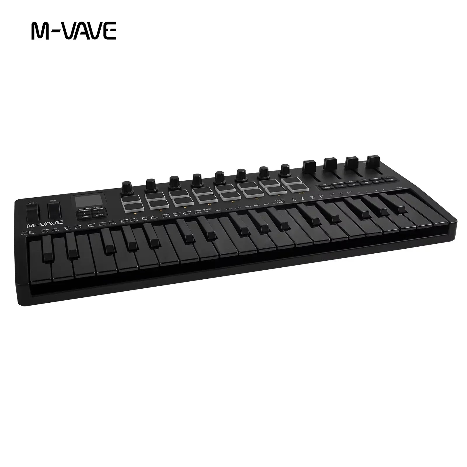 Black m-vave smk-37 pro pro midi keyboard with 25 keys, knobs, buttons, and source wireless compatible features