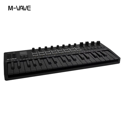 Black m-vave smk-37 pro pro midi keyboard with 25 keys, knobs, buttons, and source wireless compatible features