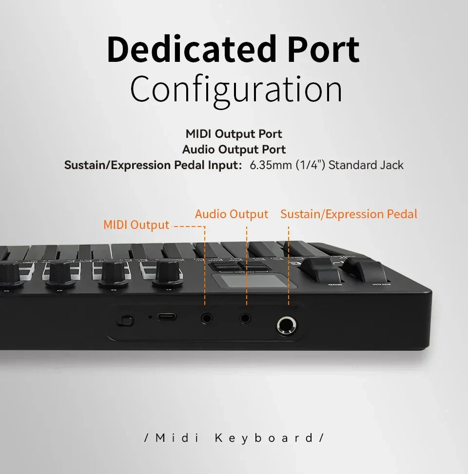 Black m-vave smk-37 pro midi keyboard with 37 keys, built-in sound source, wireless compatible, and rear ports visible