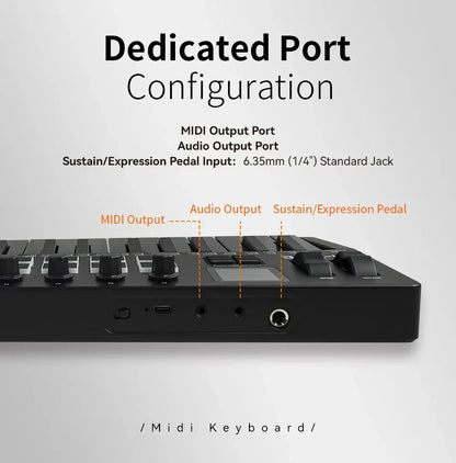 Black m-vave smk-37 pro midi keyboard with 37 keys, built-in sound source, wireless compatible, and rear ports visible