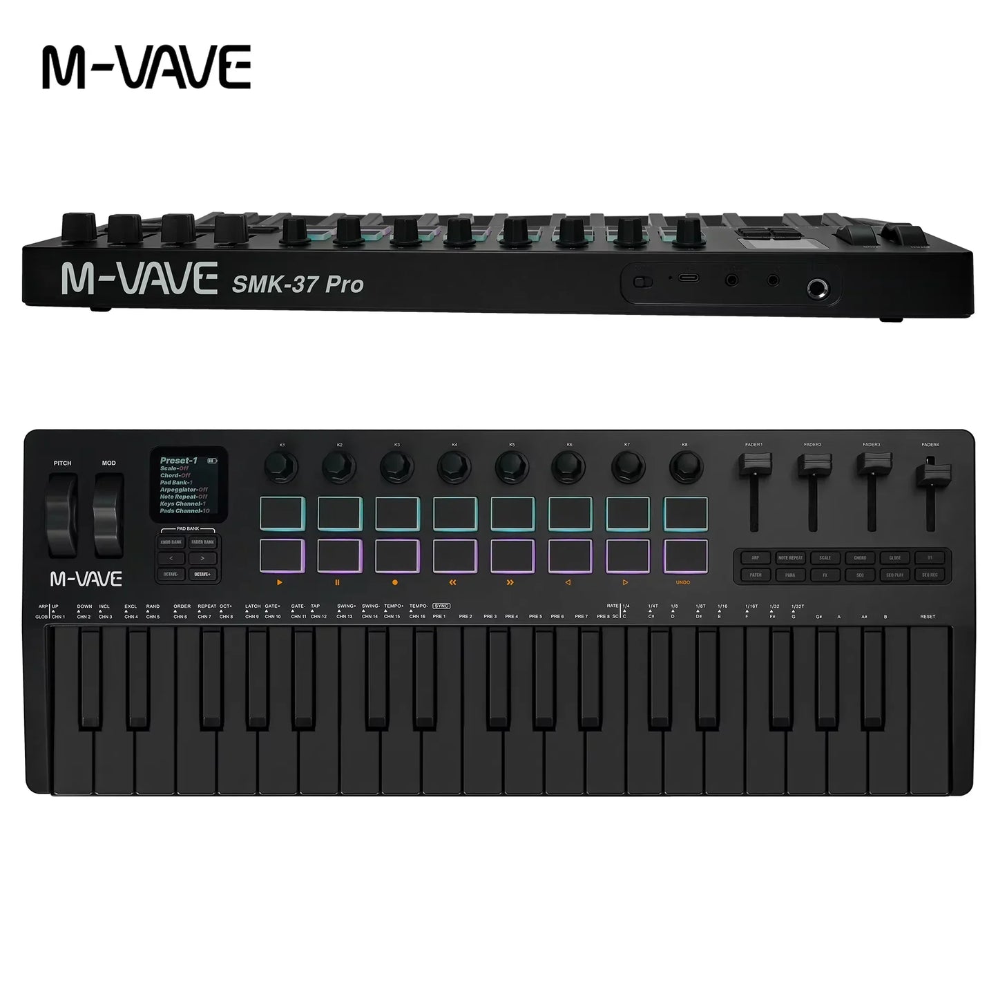 Black m-vave smk-37 pro midi keyboard with 37 keys illuminated pads and source wireless compatible features