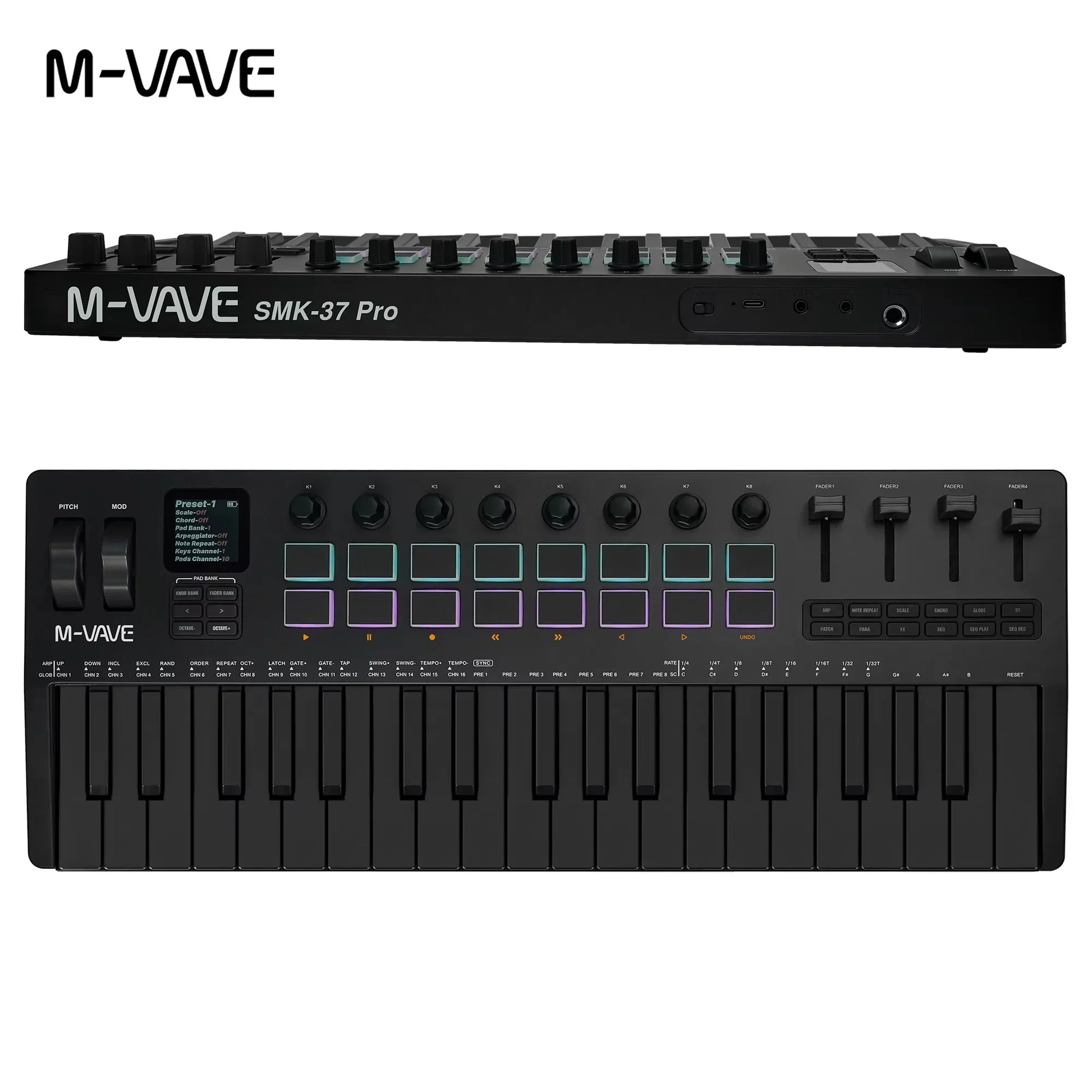 Black m-vave smk-37 pro midi keyboard with 37 keys illuminated pads and source wireless compatible features