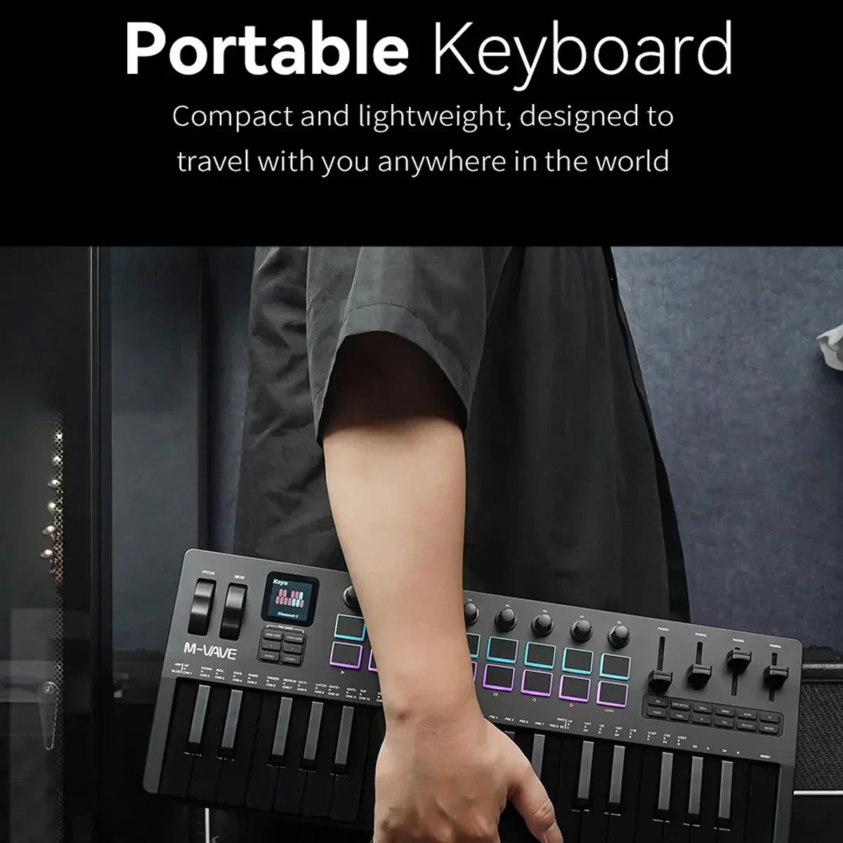 Black m-vave smk-37 pro midi keyboard with 37 illuminated keys control knobs built-in sound source wireless compatible