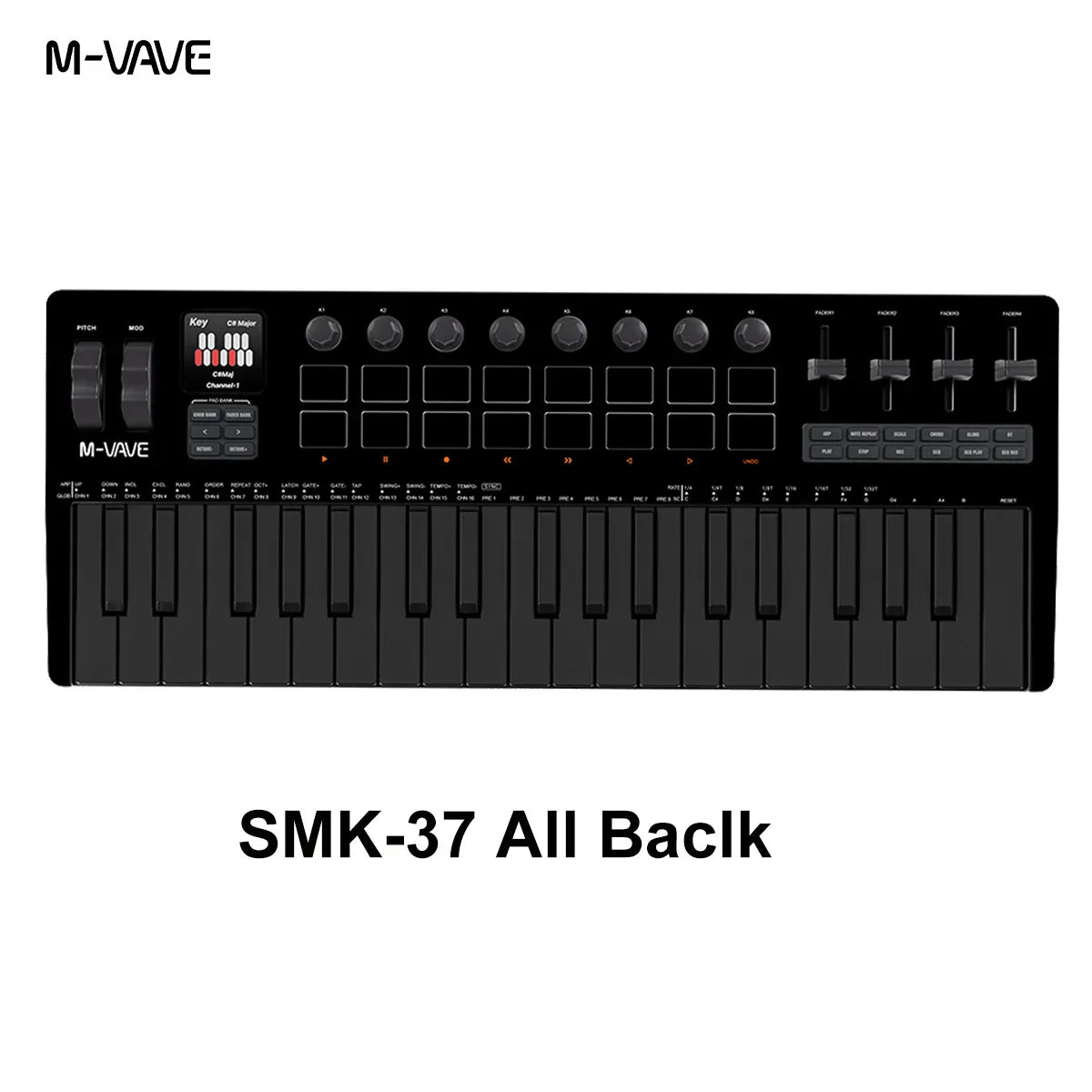Black m-vave smk-37 pro midi keyboard with 37 keys knobs sliders built-in sound source and source wireless compatible features