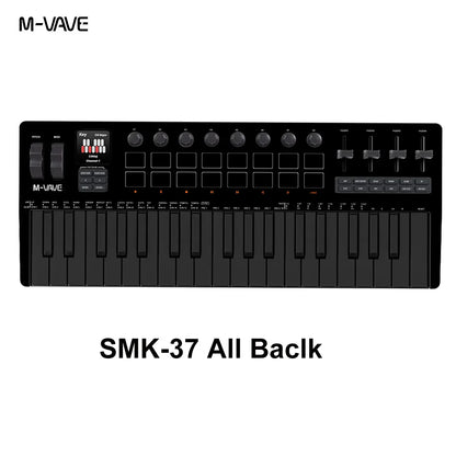 Black m-vave smk-37 pro midi keyboard with 37 keys knobs sliders built-in sound source and source wireless compatible features