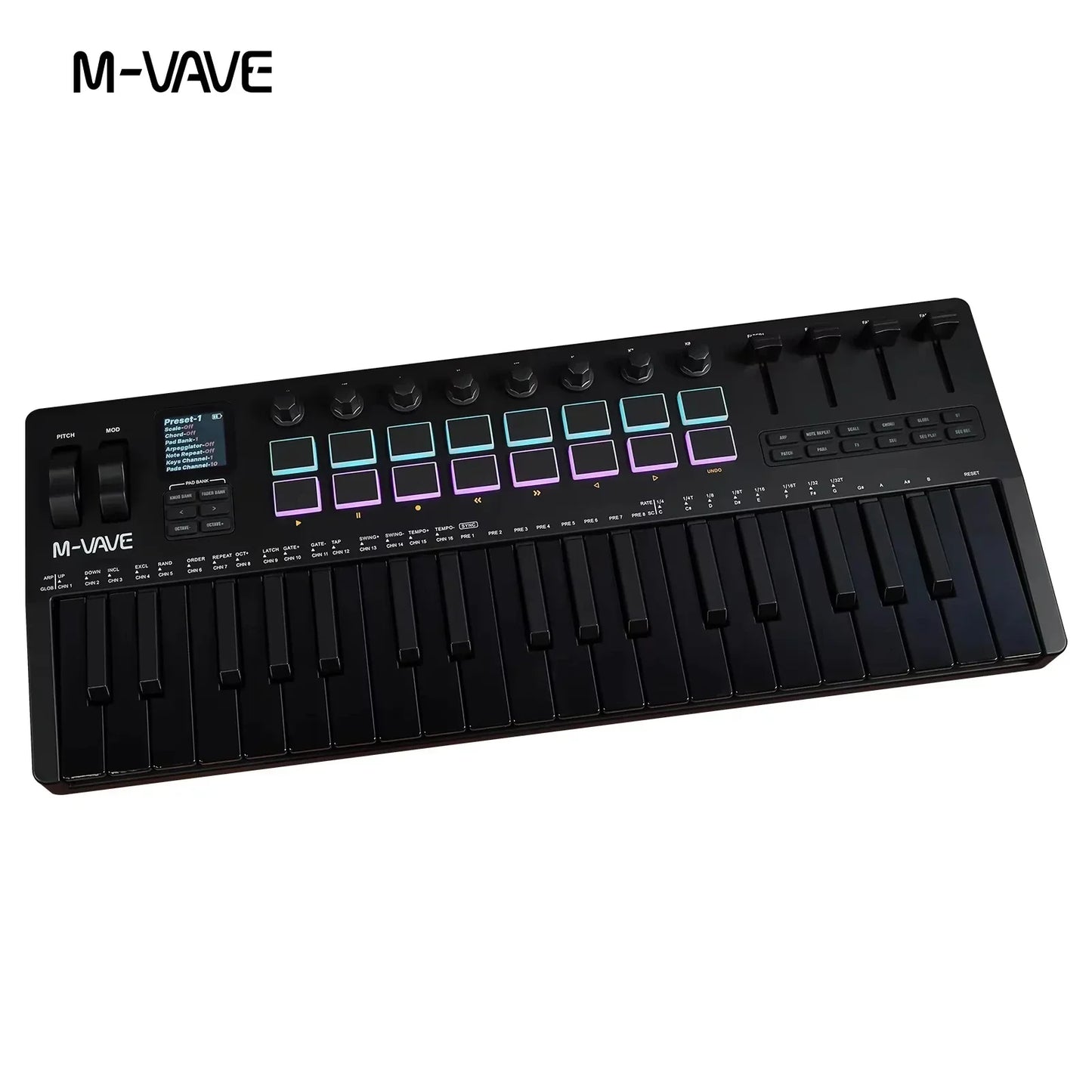 Black m-vave smk-37 pro midi keyboard with 37 keys, illuminated pads, built-in sound source, and source wireless compatible features
