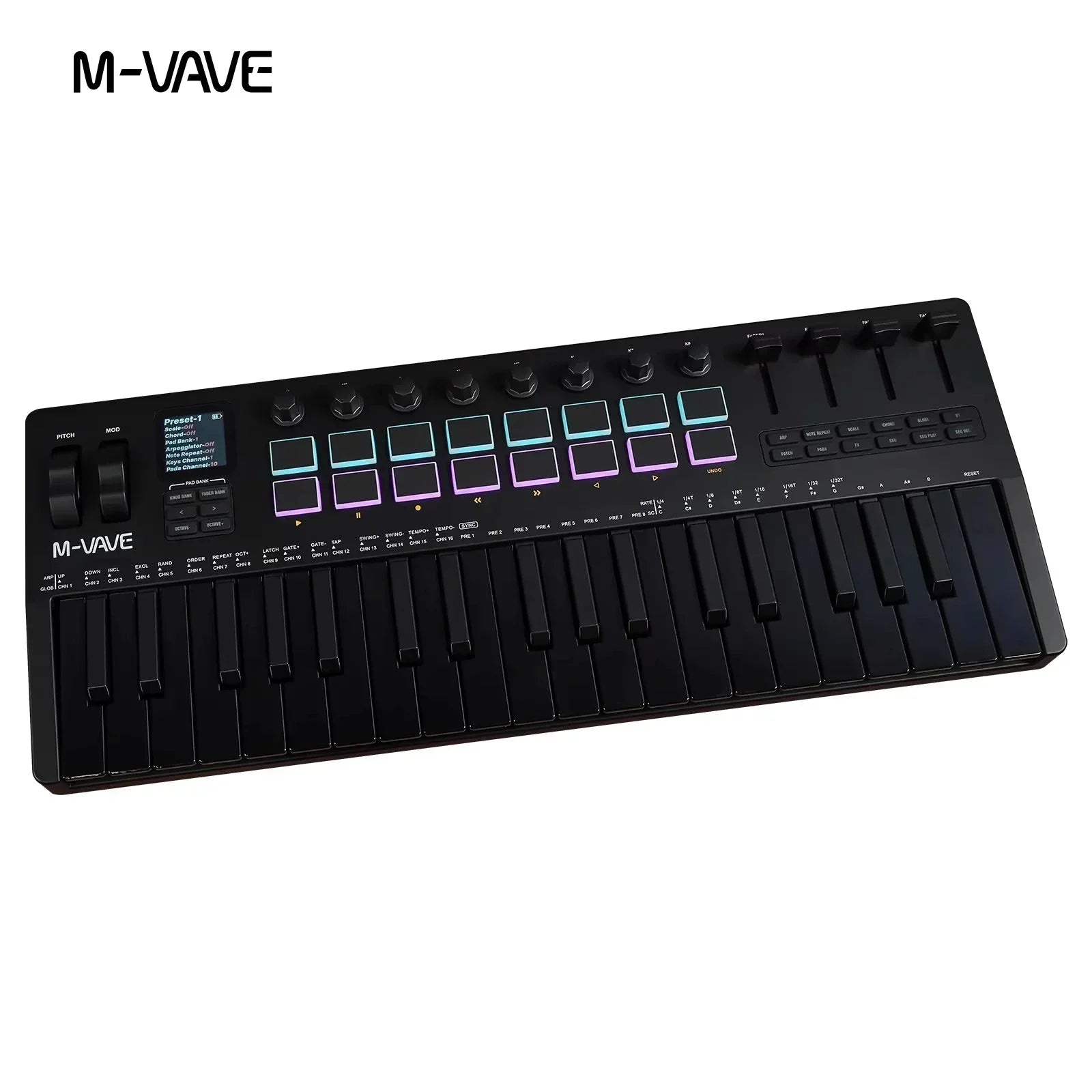 Black m-vave smk-37 pro midi keyboard with 37 keys, illuminated pads, built-in sound source, and source wireless compatible features
