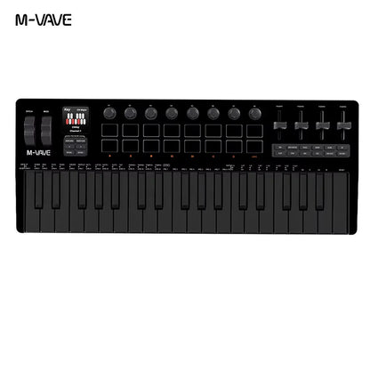 Black m-vave smk-37 pro midi keyboard with 32 velocity-sensitive keys, 8 knobs, sliders, and wireless bluetooth connectivity