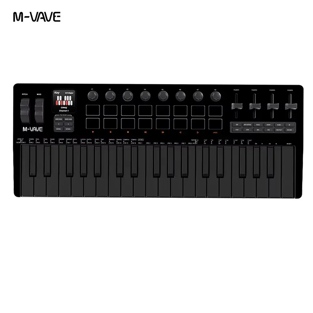 Black m-vave smk-37 pro midi keyboard with 32 velocity-sensitive keys, knobs, sliders, and wireless bluetooth connectivity