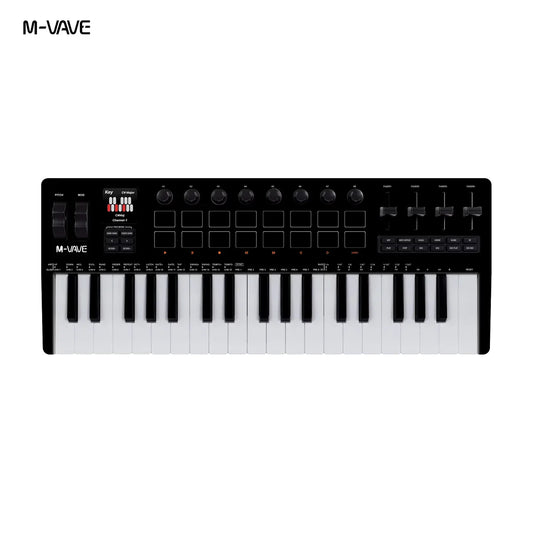 Black m-vave smk-37 pro midi keyboard with white velocity-sensitive keys wireless bluetooth and 8 black knobs for synth production