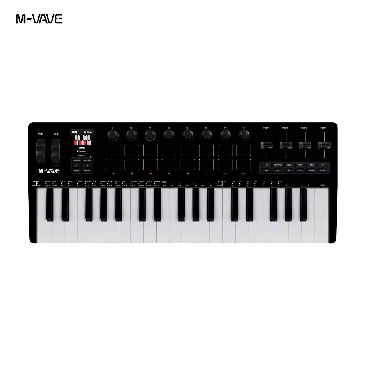 Black m-vave smk-37 pro midi keyboard with 49 velocity-sensitive keys, 8 knobs, 16 rgb pads, and wireless bluetooth connectivity
