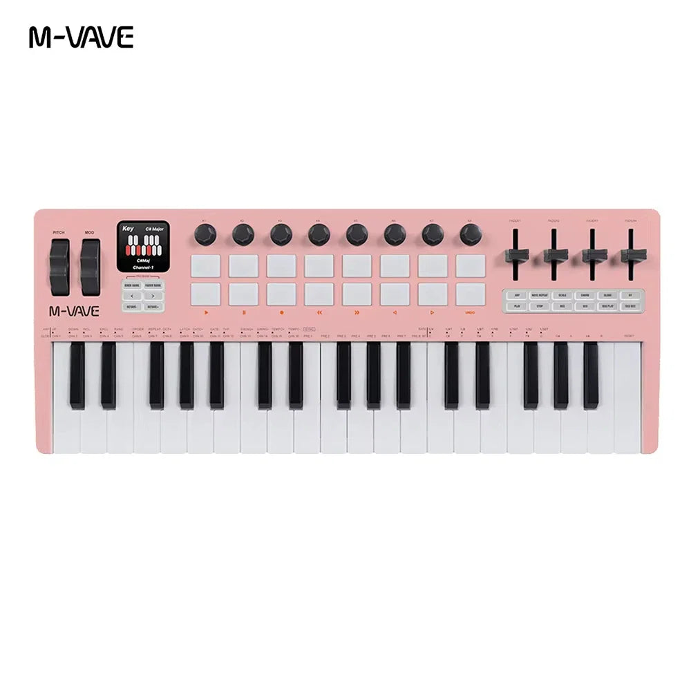 Pink m-vave smk-37 pro midi keyboard with wireless bluetooth velocity-sensitive keys synth and rgb pads knobs sliders