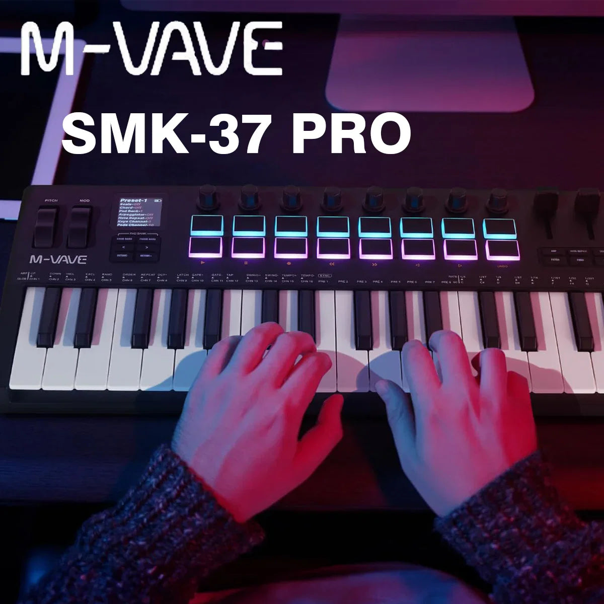 Image of m-vave smk-37 pro midi keyboard with illuminated blue and purple rgb pads featuring wireless bluetooth velocity-sensitive keys synth