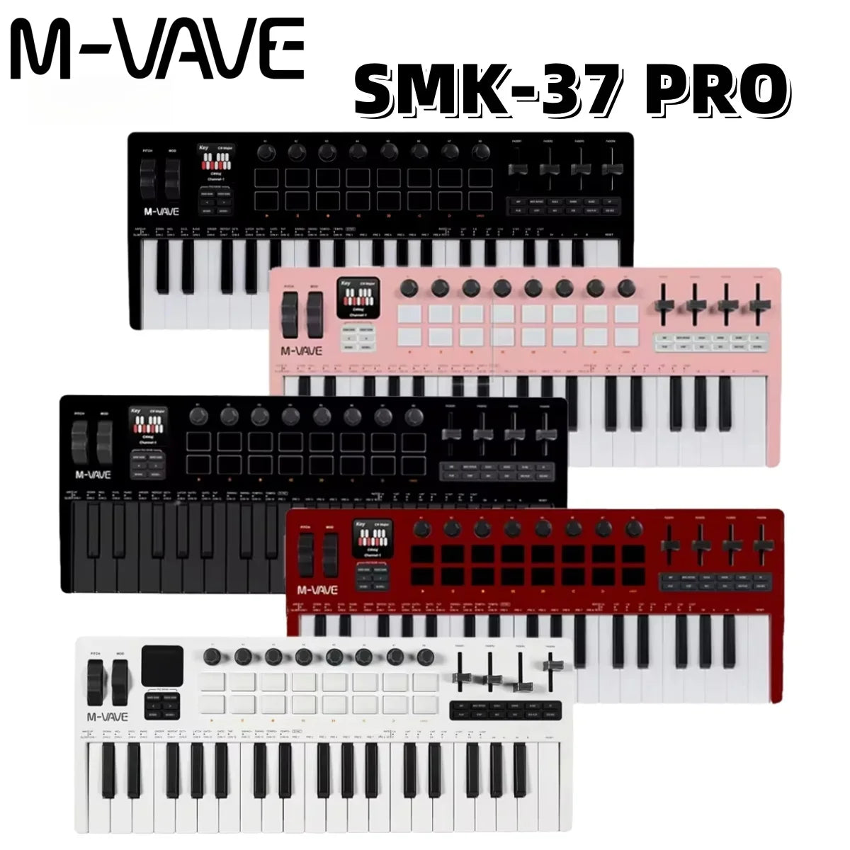 M-vave smk-37 pro midi keyboard controllers in black pink red and white with wireless bluetooth velocity-sensitive keys synth