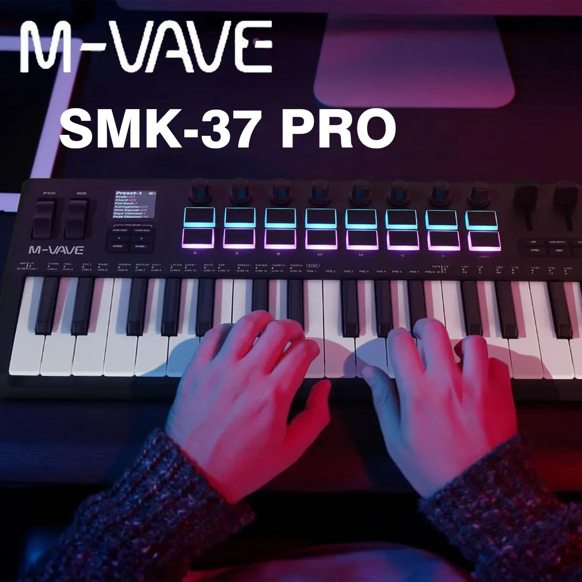 M-vave smk-37 pro midi keyboard with black white velocity-sensitive keys and wireless bluetooth rgb pads illuminated purple blue