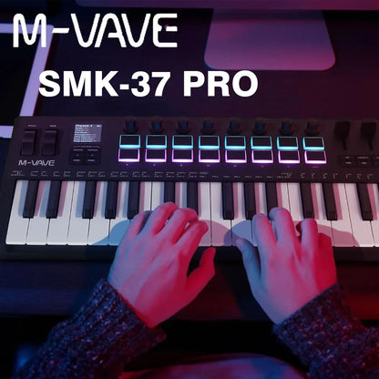 M-vave smk-37 pro midi keyboard with black white velocity-sensitive keys and wireless bluetooth rgb pads illuminated purple blue