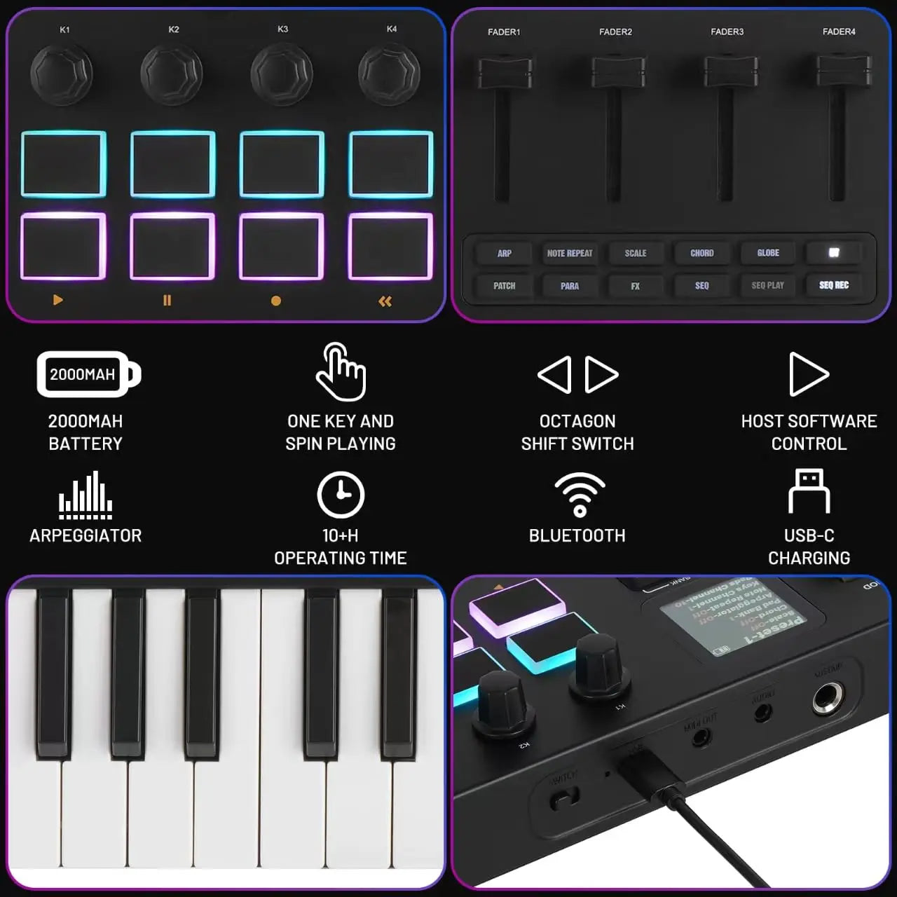 Black m-vave smk-37 pro midi controller with wireless bluetooth velocity-sensitive keys and illuminated rgb pads