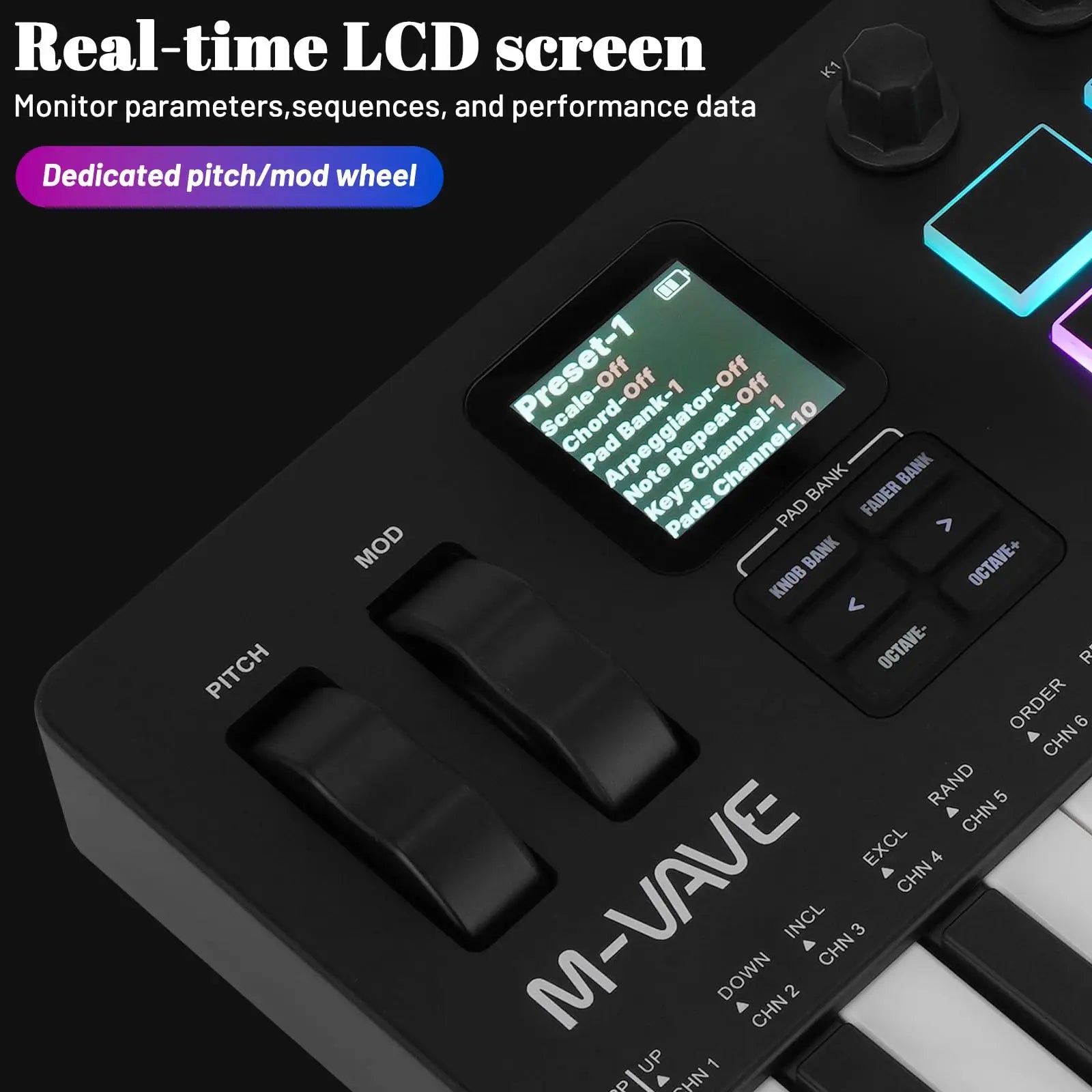 Black m-vave smk-37 pro midi controller with wireless bluetooth velocity-sensitive keys and rgb pads synth engine display