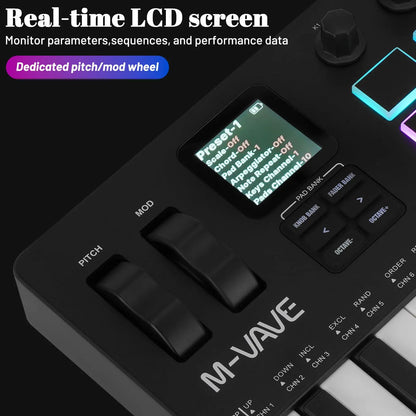 Black m-vave smk-37 pro midi controller with wireless bluetooth velocity-sensitive keys and rgb pads synth engine display