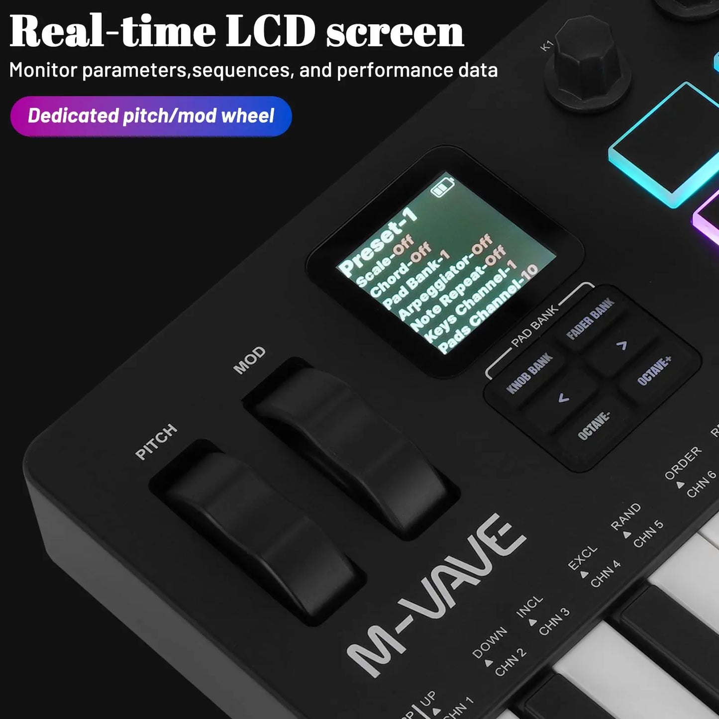 Black m-vave smk-37 pro midi keyboard with velocity-sensitive keys synth engine and wireless bluetooth rgb pads display