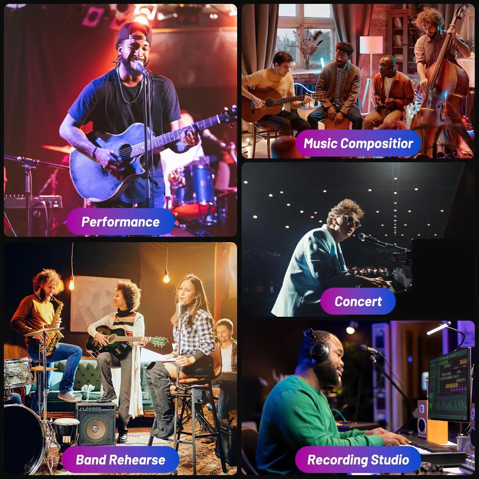 Collage of music scenes featuring m-vave smk-37 pro midi keyboard with wireless bluetooth velocity-sensitive keys synth