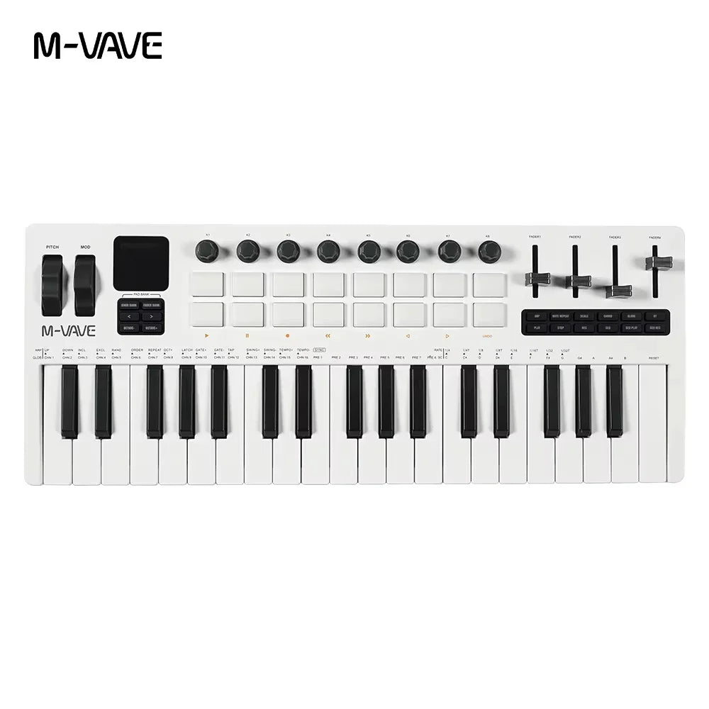 White m-vave smk-37 pro midi keyboard with black velocity-sensitive keys knobs and wireless bluetooth for music production
