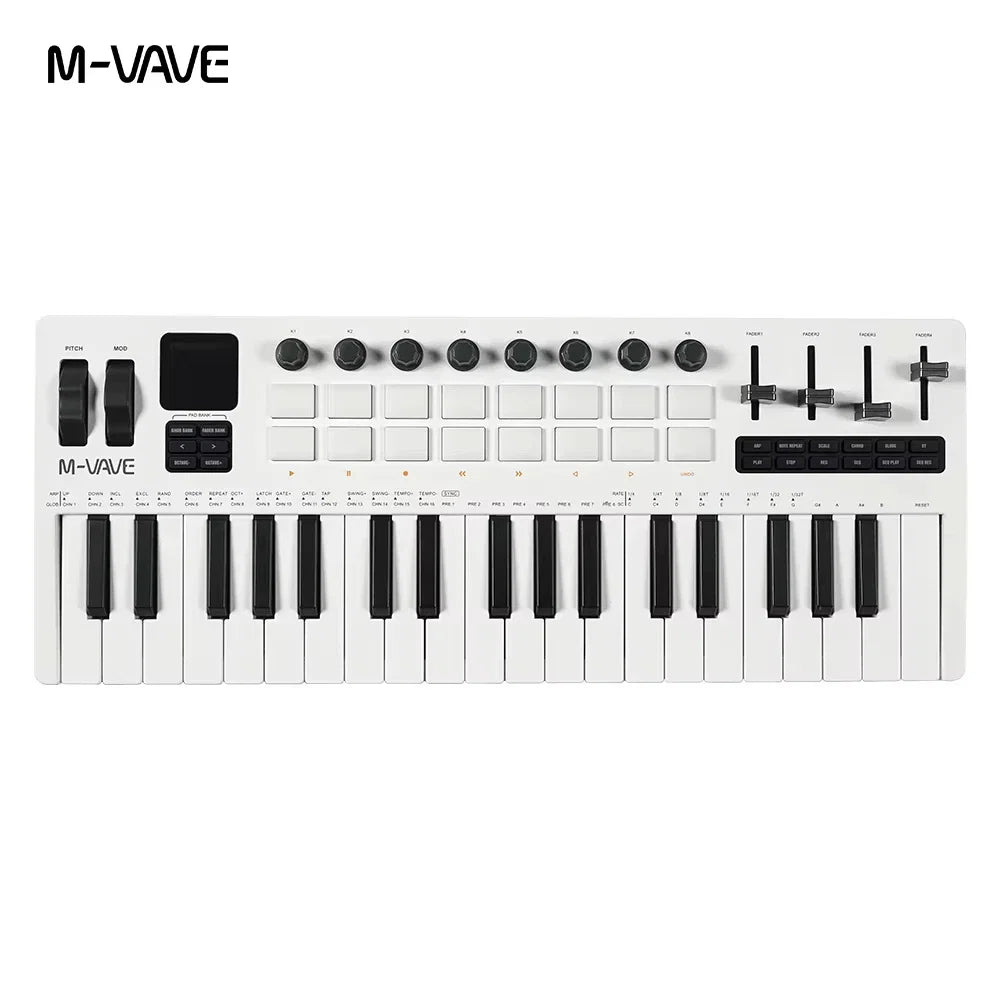 White m-vave smk-37 pro midi keyboard with black keys knobs buttons and wireless bluetooth velocity-sensitive keys synth