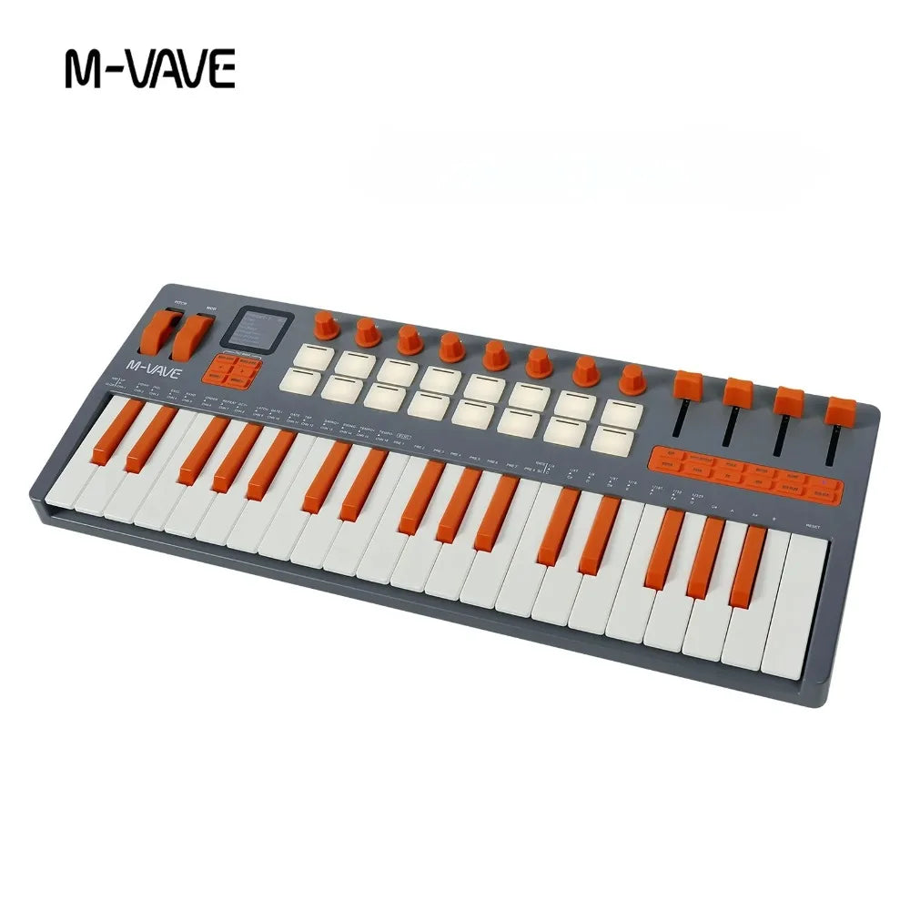 M-vave smk-37 pro midi keyboard with 49 weighted keys orange white keys gray body orange knobs ios compatible