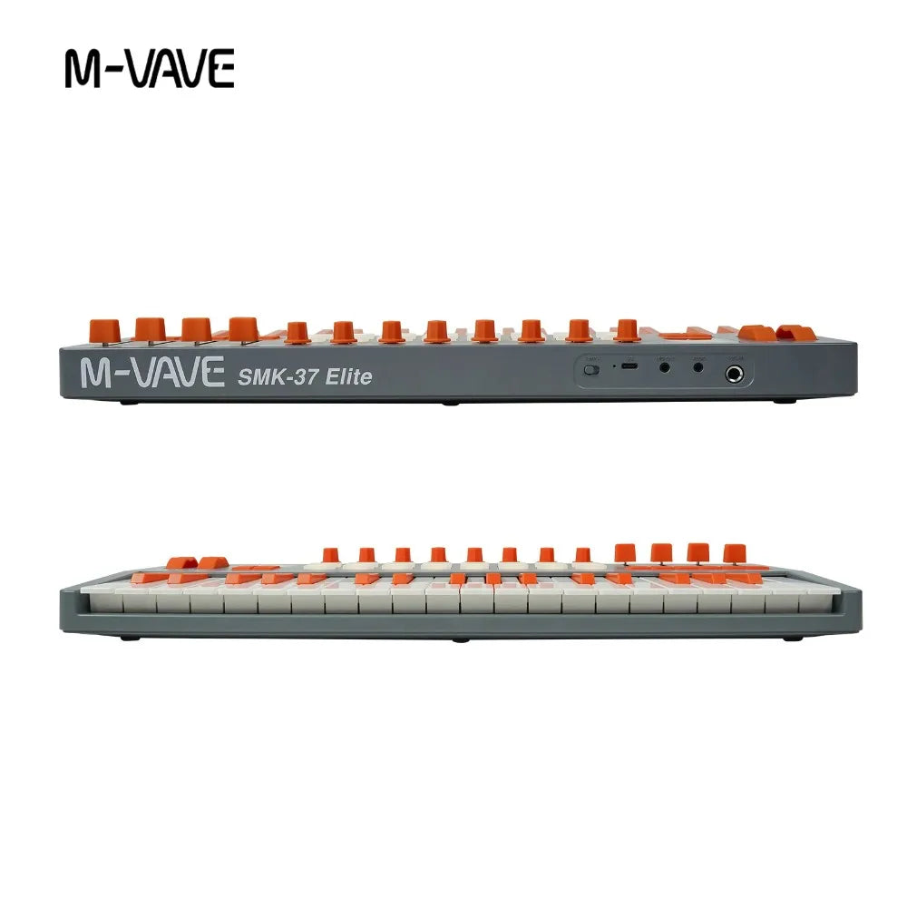 M-vave smk-37 pro ios compatible midi keyboard with weighted keys, gray body, and white and orange keycaps