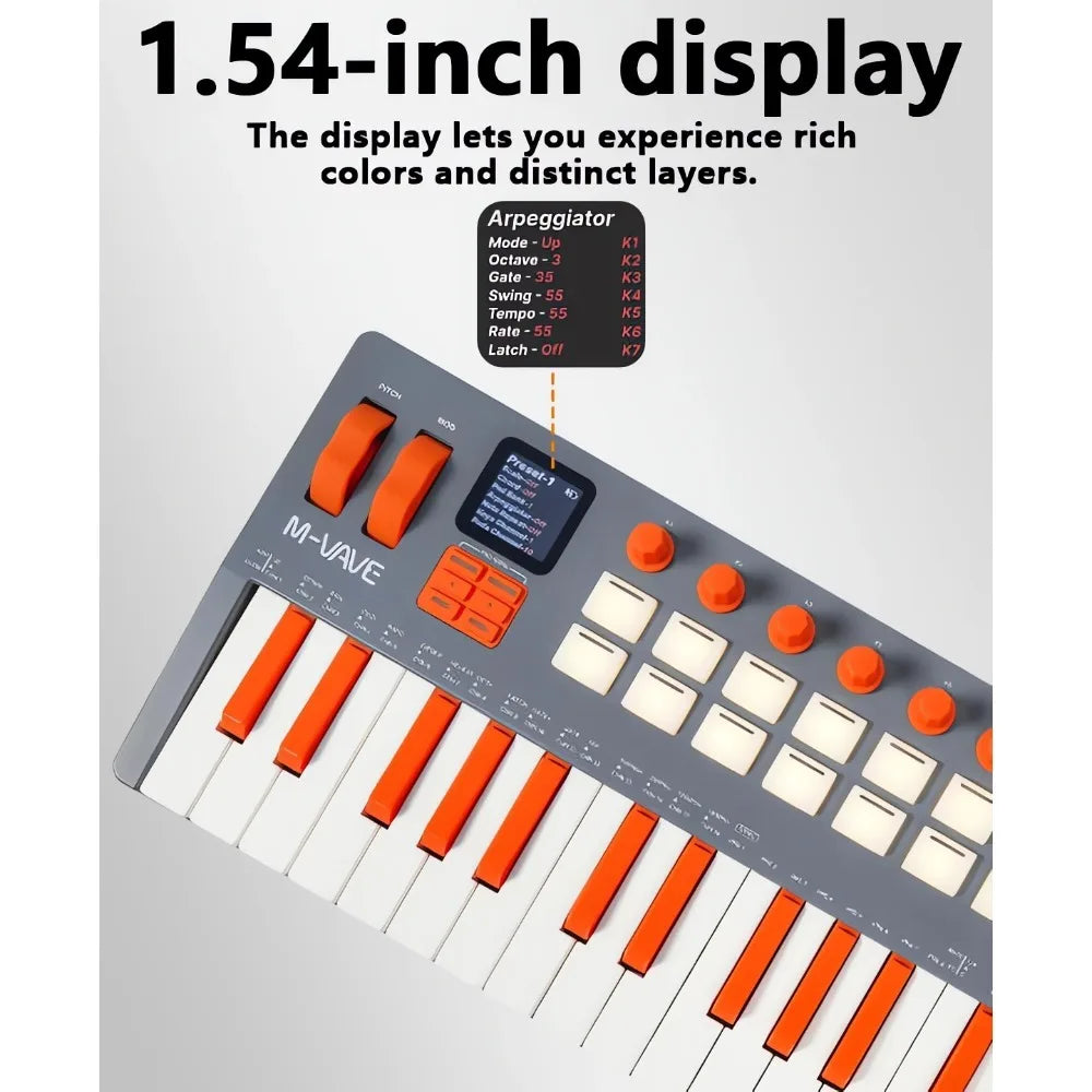 Gray and orange m-vave smk-37 pro midi keyboard with weighted keys 1.54-inch screen ios compatible arpeggiator settings