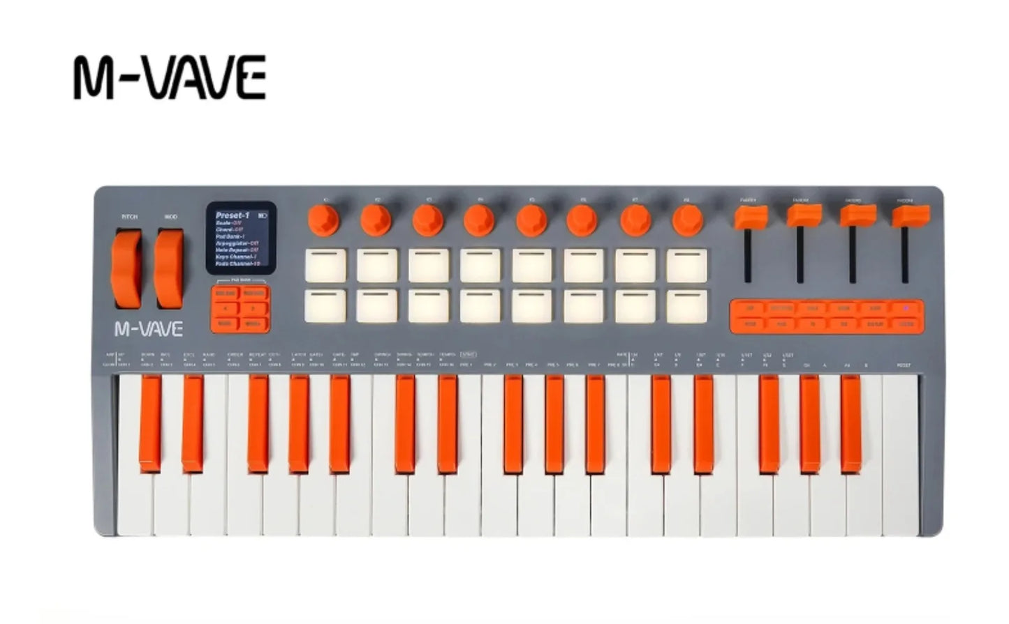 M-vave smk-37 pro midi keyboard with weighted orange keys and knobs on gray body ios compatible