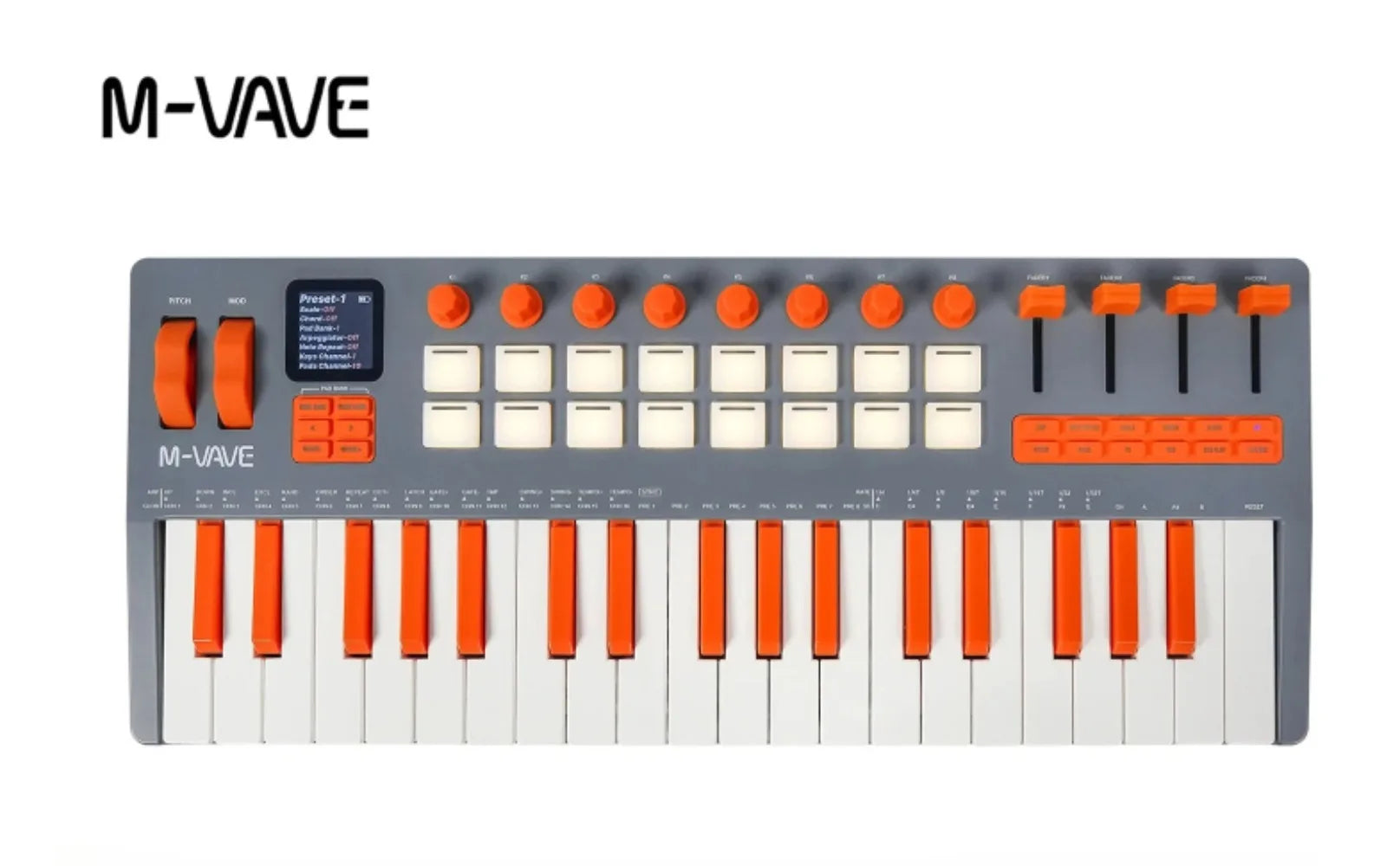 M-vave smk-37 pro midi keyboard with weighted orange keys and knobs on gray body ios compatible