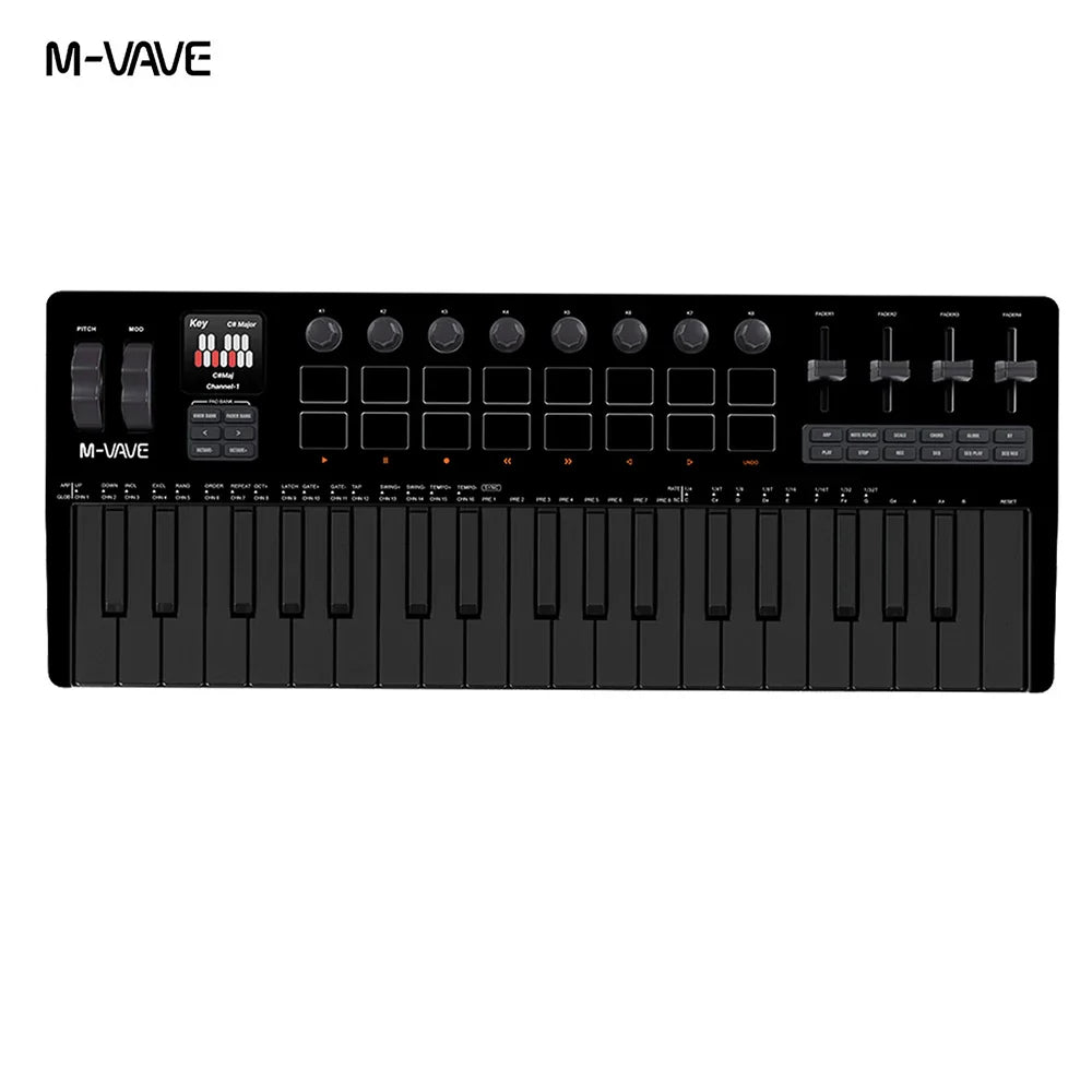 Black m-vave smk-37 pro midi pads keyboard with 32 keys and eight knobs is a sound source portable for music production