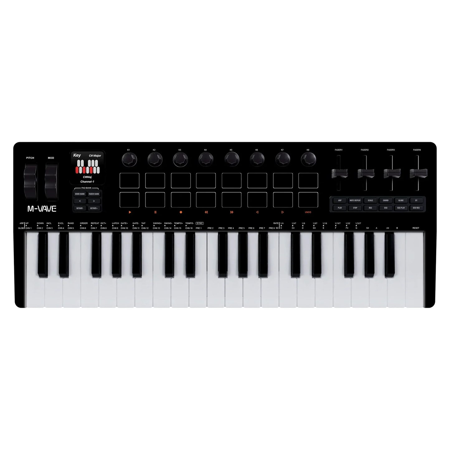 Black m-vave smk-37 pro midi keyboard with white keys knobs and pro midi pads sound source portable for music production