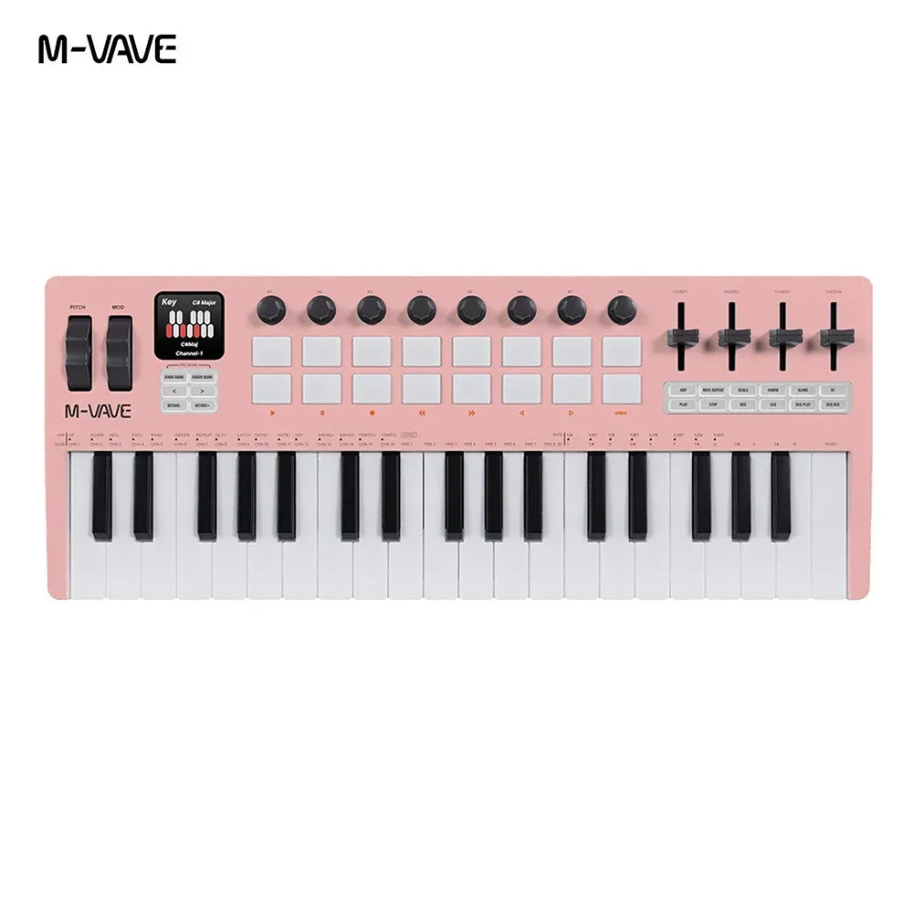 Pink m-vave smk-37 pro midi pads sound source portable keyboard with black and white keys, knobs, sliders, and display