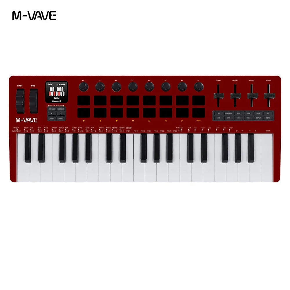 Red m-vave smk-37 pro midi controller keyboard with black keys and sleek design as a sound source portable for pro midi pads