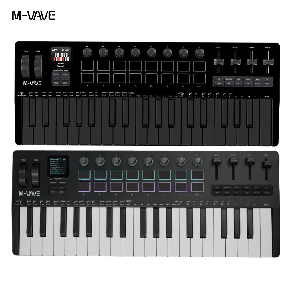Black m-vave smk-37 pro midi keyboard with illuminated pro midi pads and piano keys sound source portable device